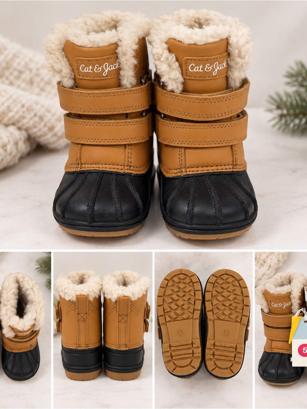 Cat & Jack Toddler Winter Snow Boots Size 5 Tan Black Faux Fur NWT